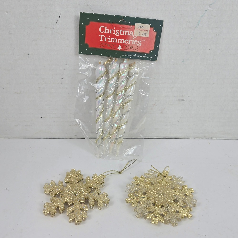 Christmas Trimmeries Ornaments Icicles & Snowflake Iridescent Gold White 6pc Set